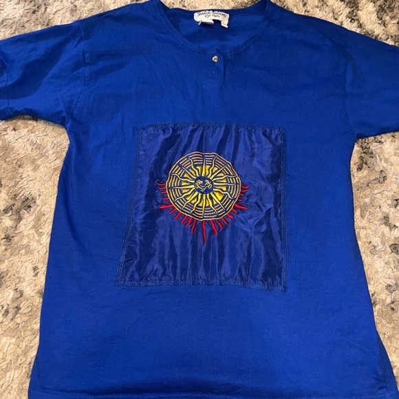 Sharon Anthony Tops - Vintage Blue Short Sleeve Tee with Embroidered Design